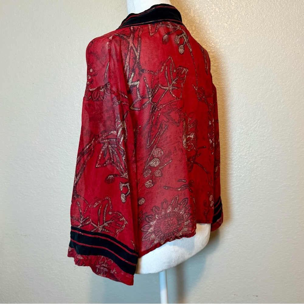 Chico’s Sheer Silk Shrunken Kimono Top Jacket Shacket Red Black Size Medium - Picture 6 of 14